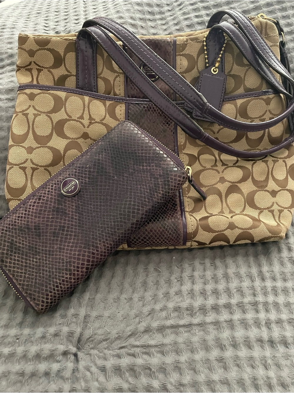 Coach Tan Signature Canvas Tote with Plum snake Leather Trim and Wallet